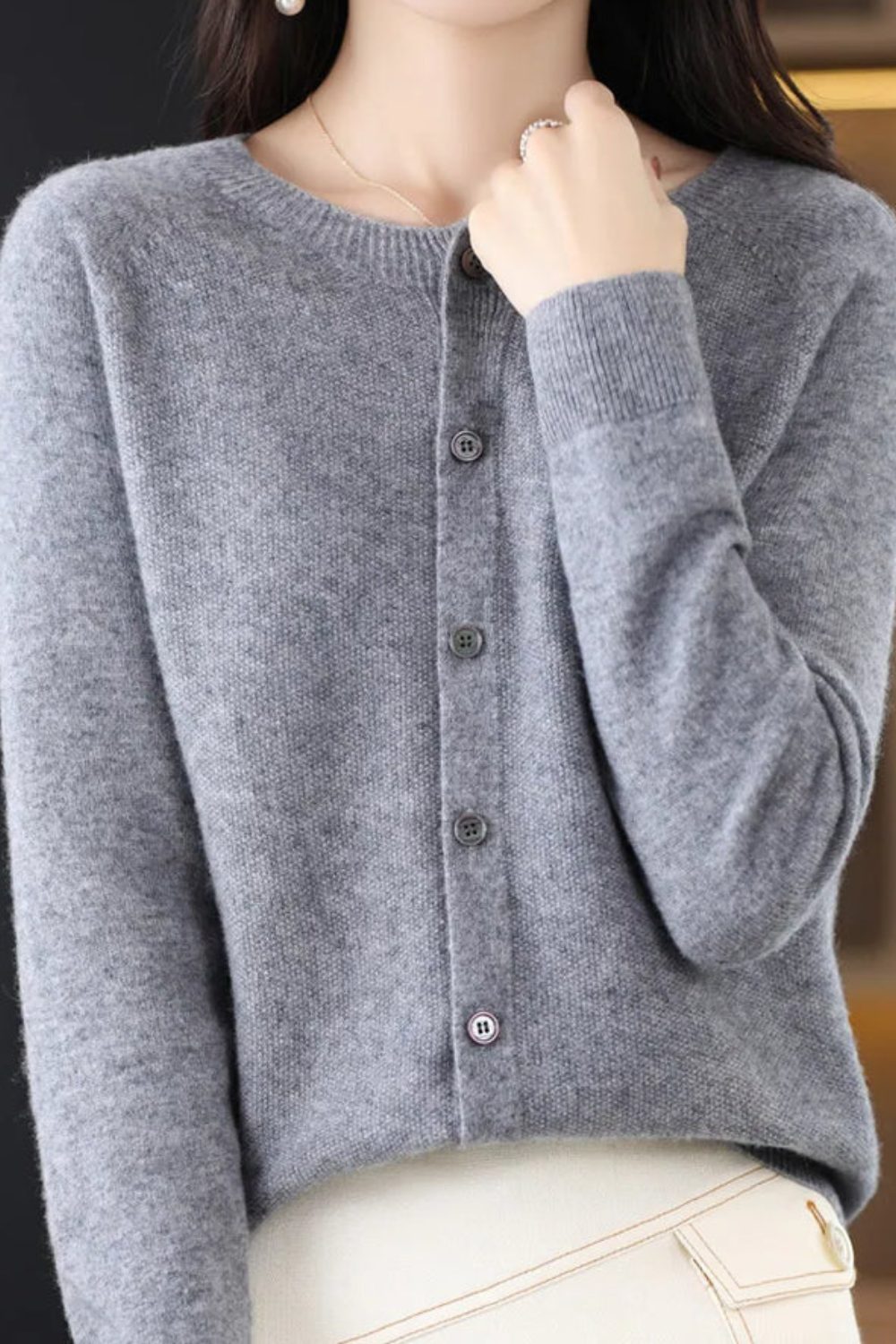 V-Neck Button-Down Cardigan for Women - Light Gray