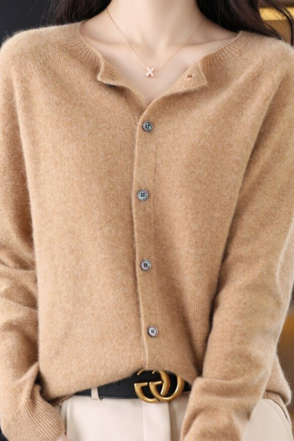 V-Neck Button-Down Cardigan for Women - Light Brown