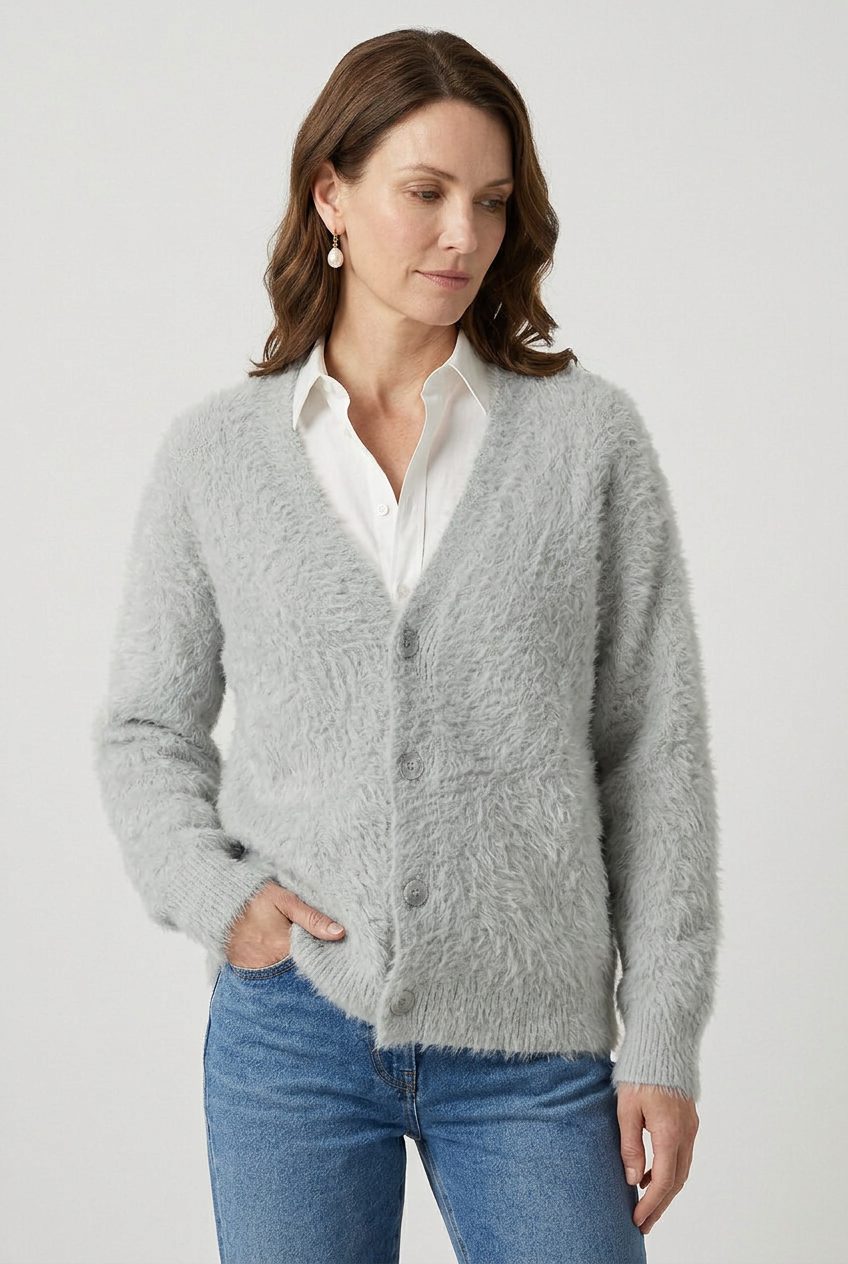 V-Neck Button-Down Knit Cardigan for Women - Light Grey