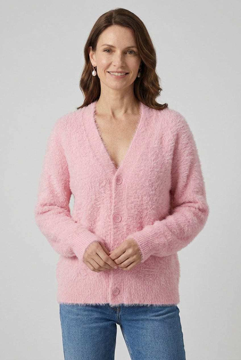 V-Neck Button-Down Knit Cardigan for Women - Pink