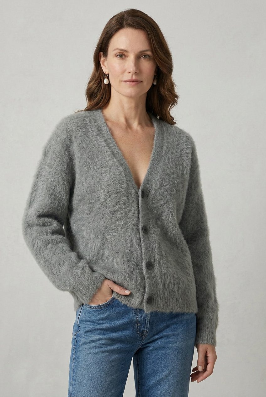V-Neck Button-Down Knit Cardigan for Women - Dark Grey