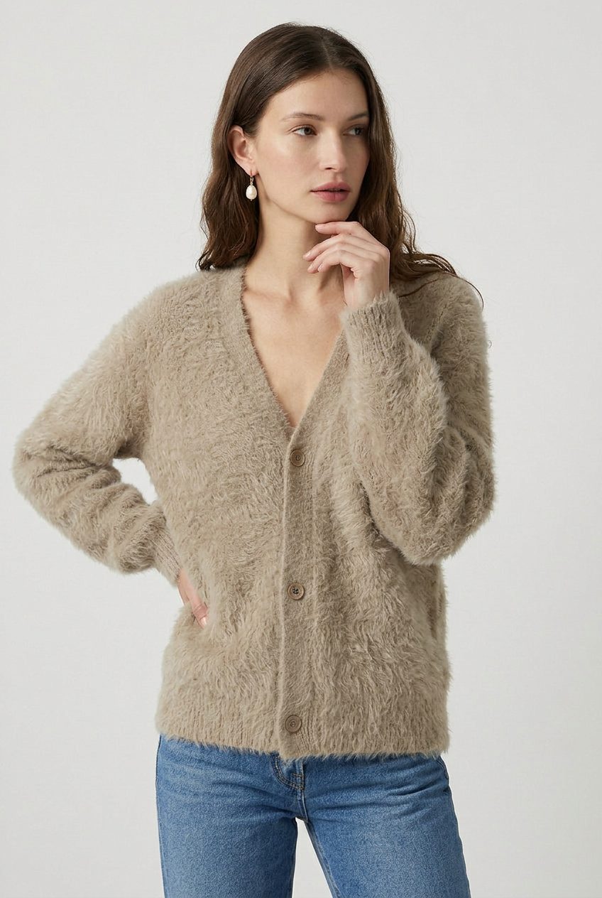 V-Neck Button-Down Knit Cardigan for Women - Beige