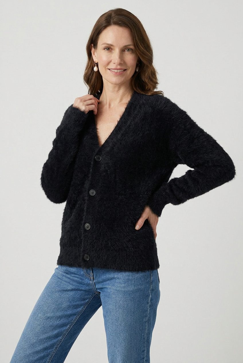 V-Neck Button-Down Knit Cardigan for Women - Black