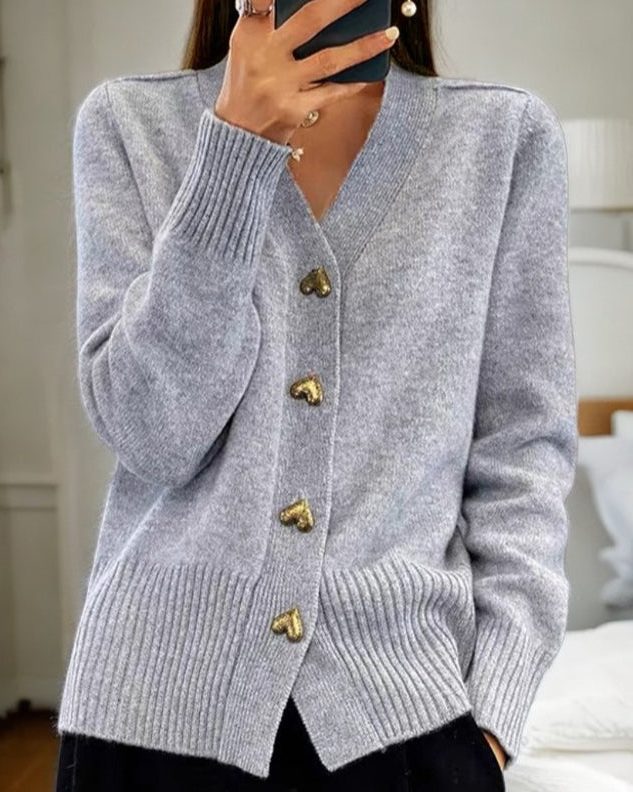V-Neck Button-Up Ribbed Knit Cardigan for Women