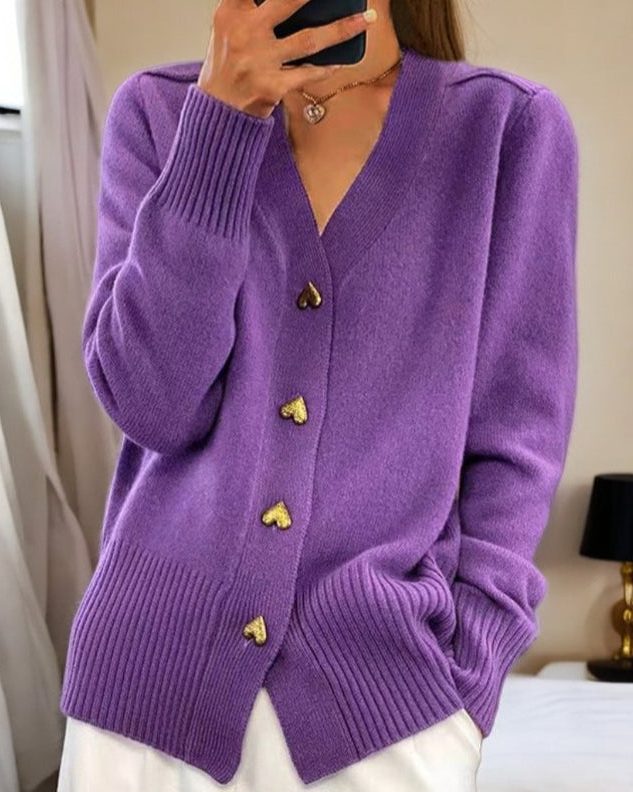 V-Neck Button-Up Ribbed Knit Cardigan for Women - Violet