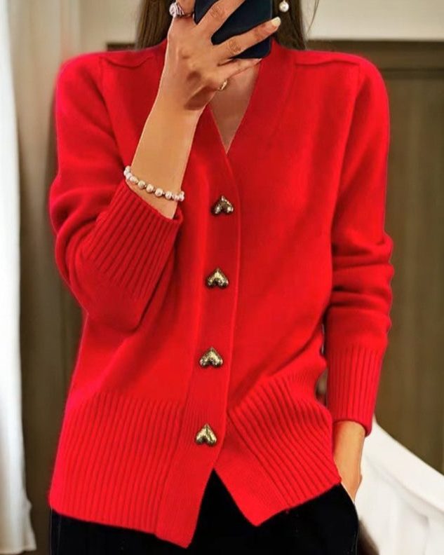 V-Neck Button-Up Ribbed Knit Cardigan for Women - Red