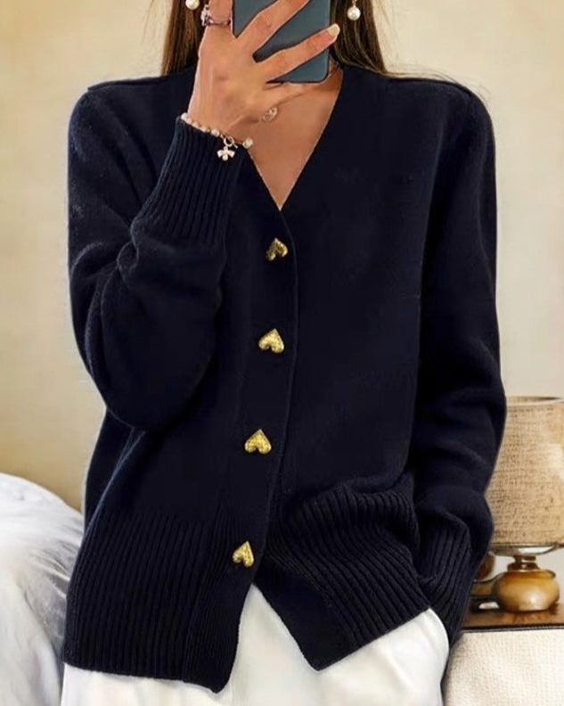 V-Neck Button-Up Ribbed Knit Cardigan for Women - Black