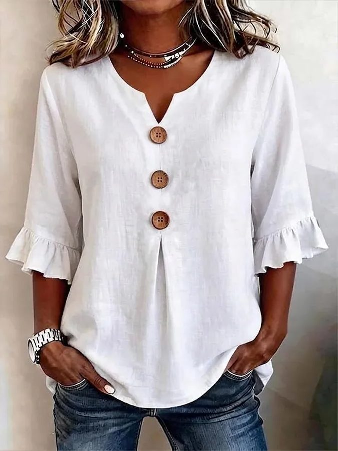 V-Neck Button-Up Ruffle Sleeve Blouse for Women