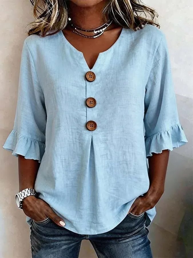 V-Neck Button-Up Ruffle Sleeve Blouse for Women - Bleu