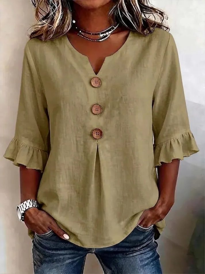 V-Neck Button-Up Ruffle Sleeve Blouse for Women - Kaki