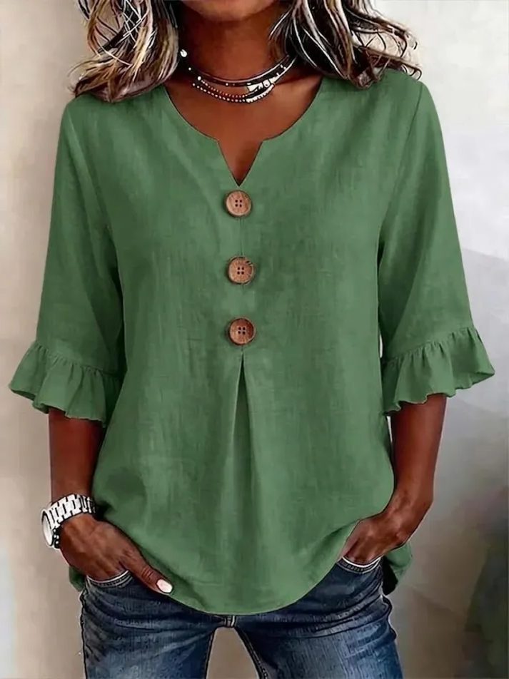 V-Neck Button-Up Ruffle Sleeve Blouse for Women - Vert
