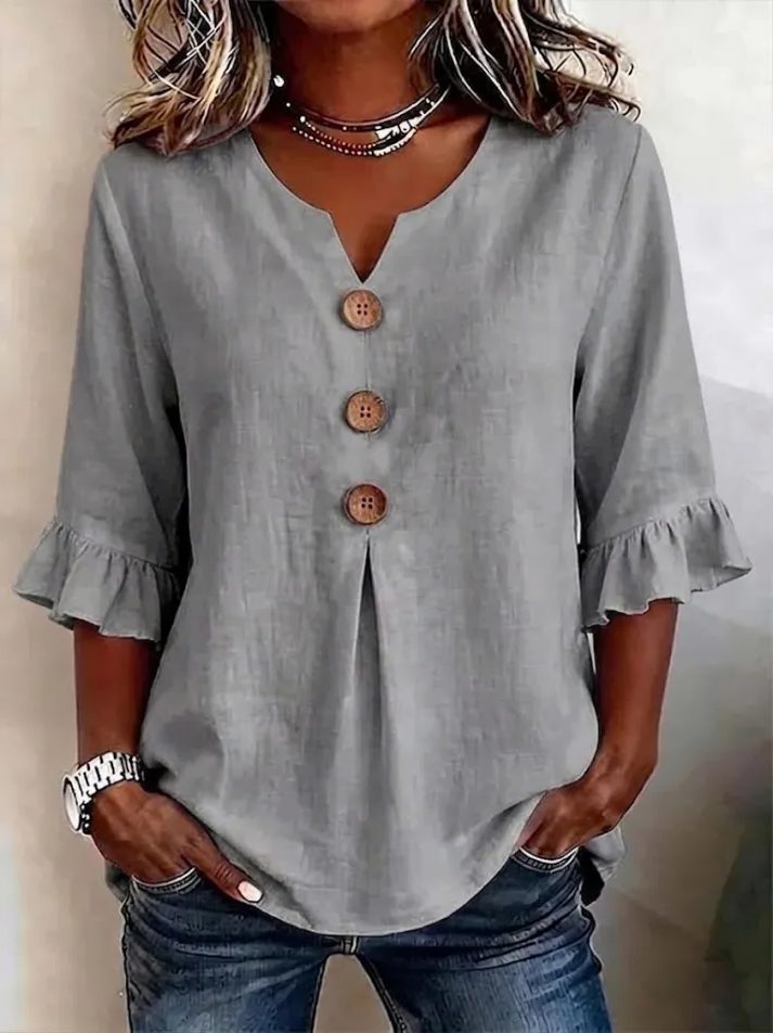 V-Neck Button-Up Ruffle Sleeve Blouse for Women - Gris