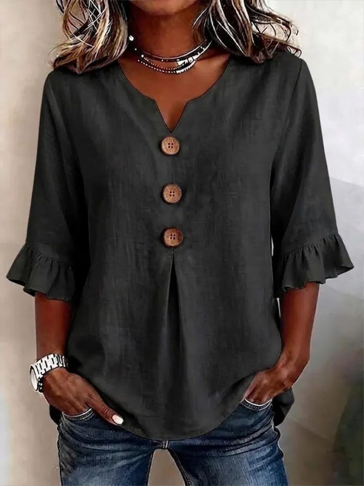 V-Neck Button-Up Ruffle Sleeve Blouse for Women - Noir