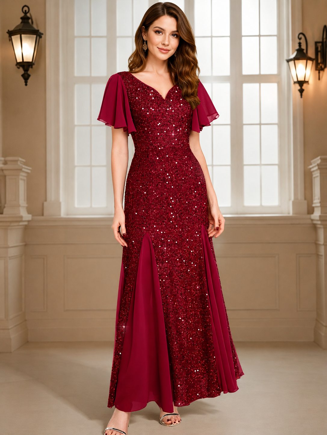 V-Neck Flutter Sleeve Sequin Maxi Dress for Women