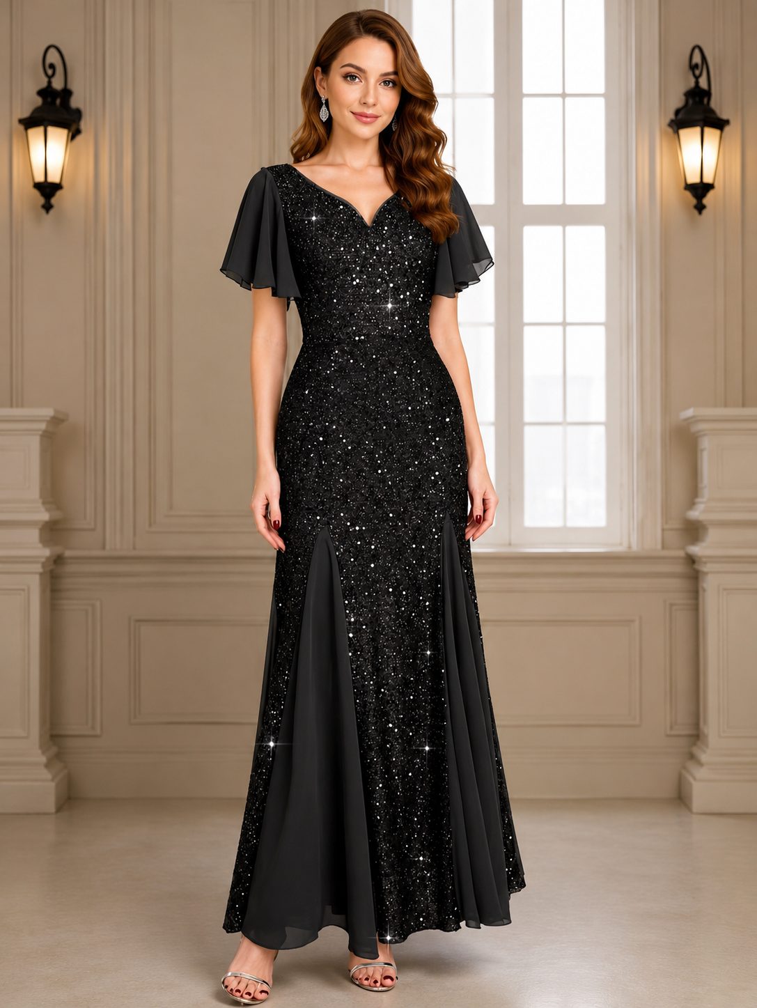 V-Neck Flutter Sleeve Sequin Maxi Dress for Women