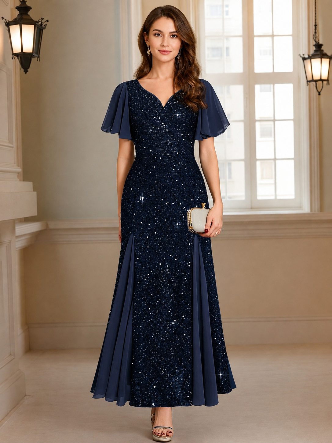 V-Neck Flutter Sleeve Sequin Maxi Dress for Women - Royal Blue