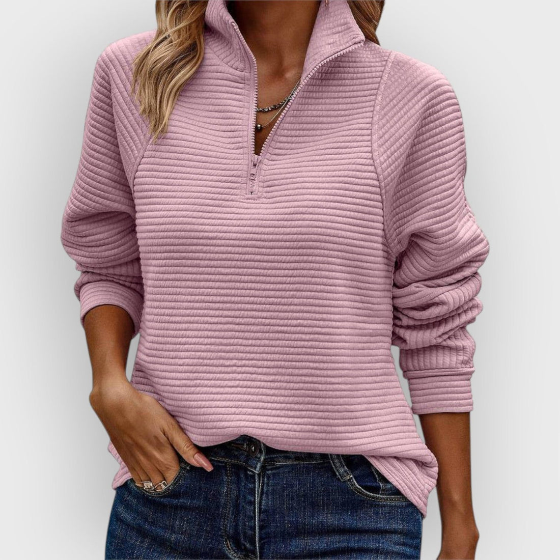 V-Neck Half-Zip Ribbed Knit Jumper for Women