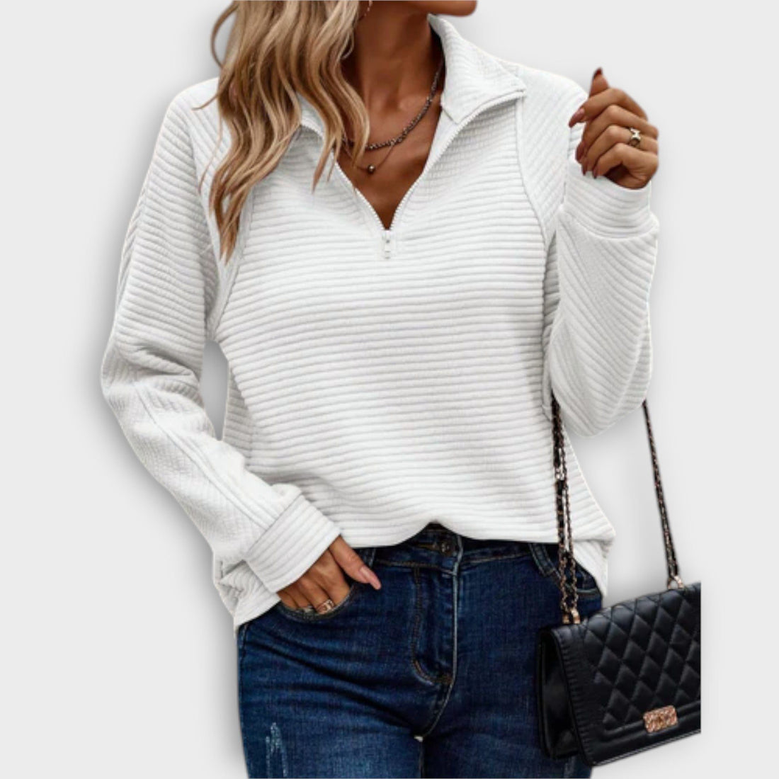 V-Neck Half-Zip Ribbed Knit Jumper for Women