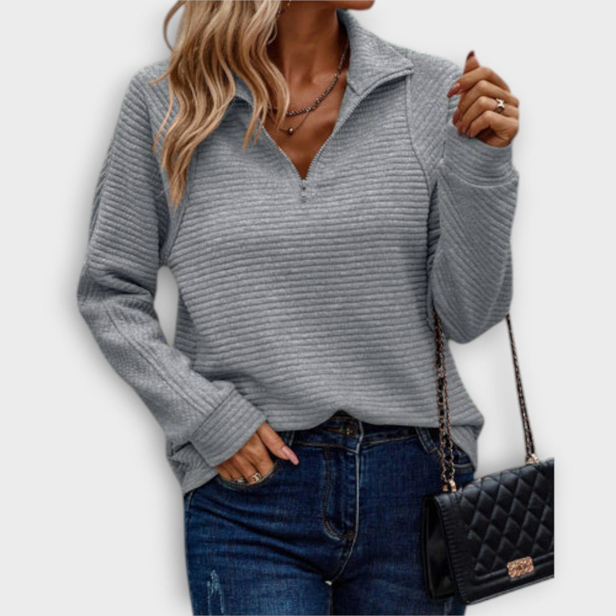 V-Neck Half-Zip Ribbed Knit Jumper for Women - Grey