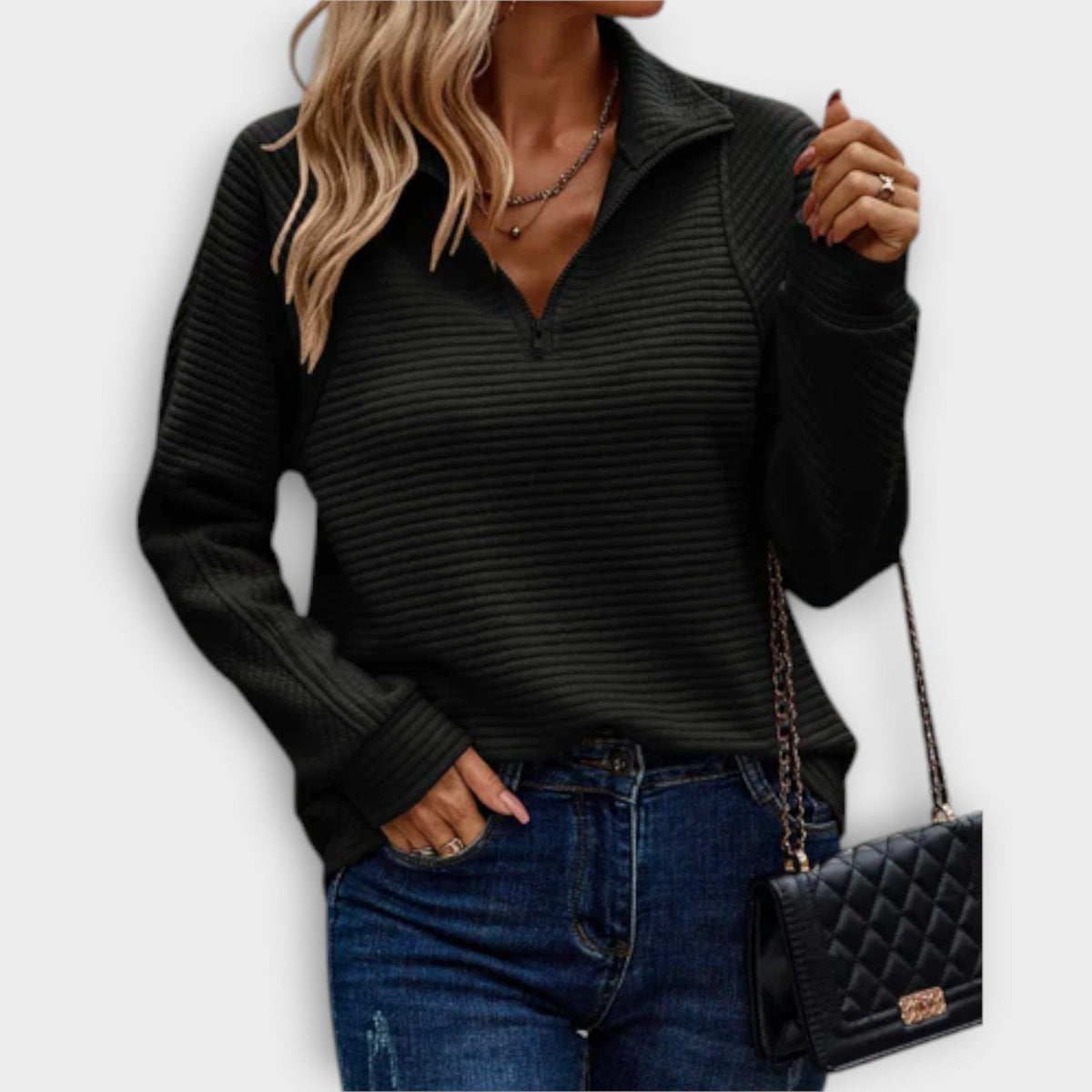 V-Neck Half-Zip Ribbed Knit Jumper for Women - Black