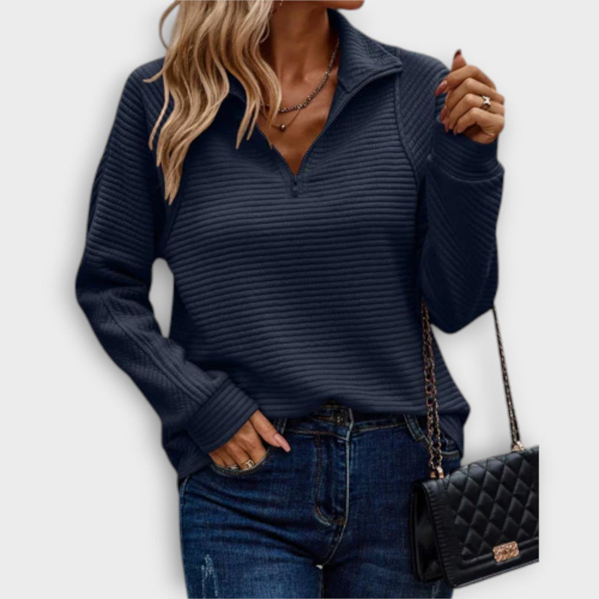 V-Neck Half-Zip Ribbed Knit Jumper for Women - Blue