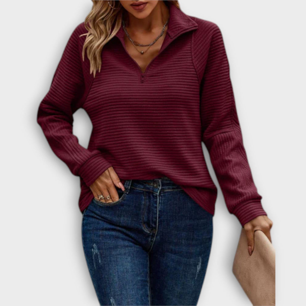 V-Neck Half-Zip Ribbed Knit Jumper for Women - Red