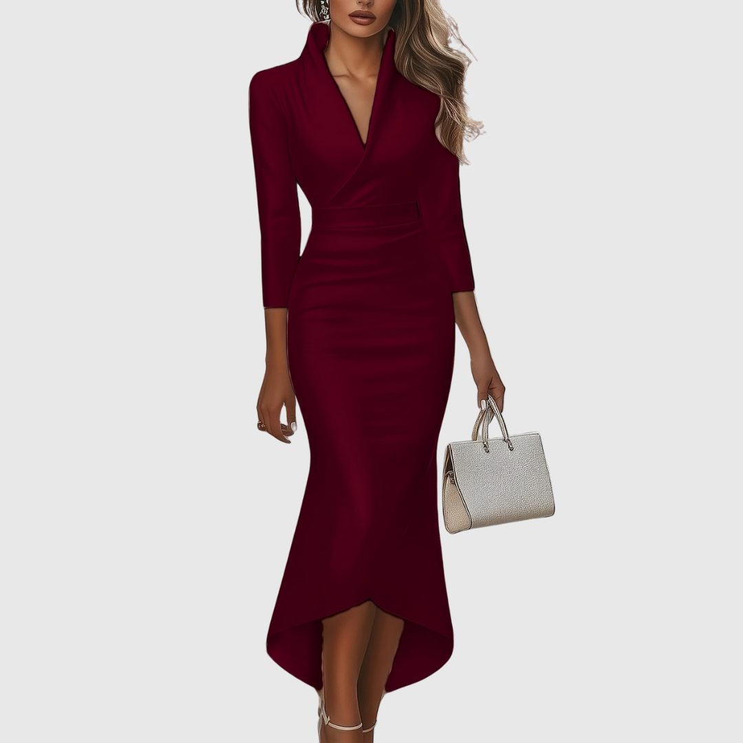 V-Neck High-Low Satin Midi Dress for Women - Brown