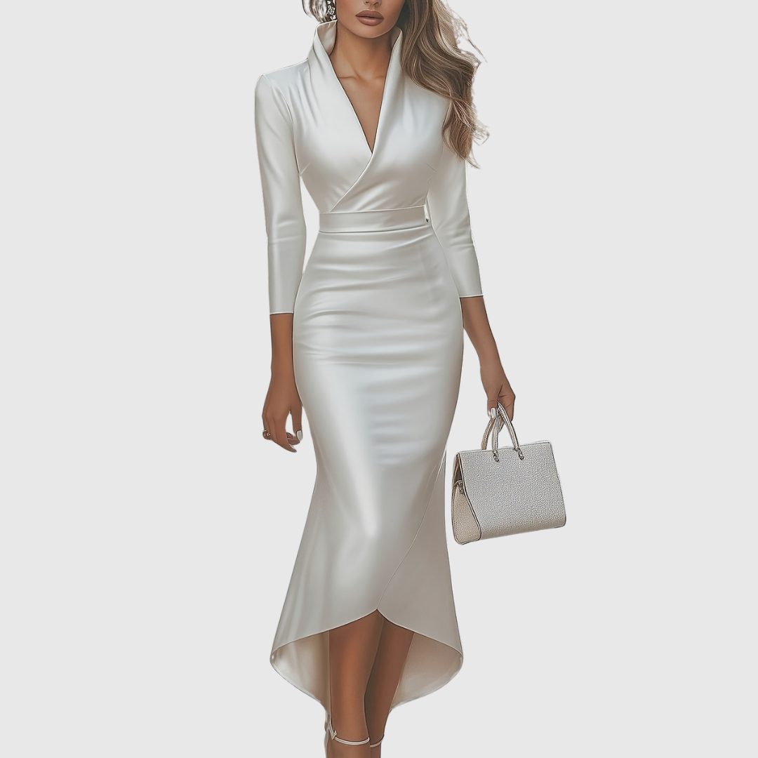 V-Neck High-Low Satin Midi Dress for Women - White