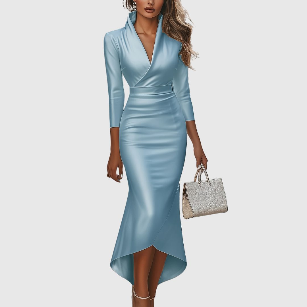 V-Neck High-Low Satin Midi Dress for Women - View 4