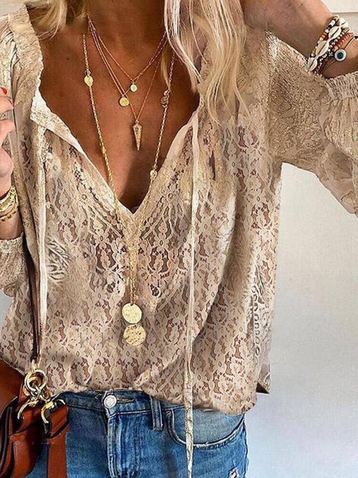 V-Neck Lace Long Sleeve Top for Women