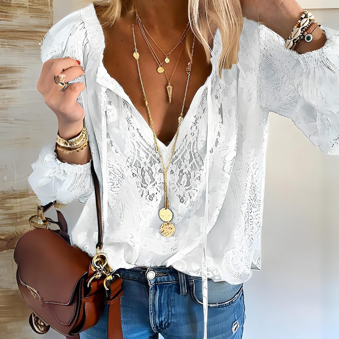 V-Neck Lace Long Sleeve Top for Women - White