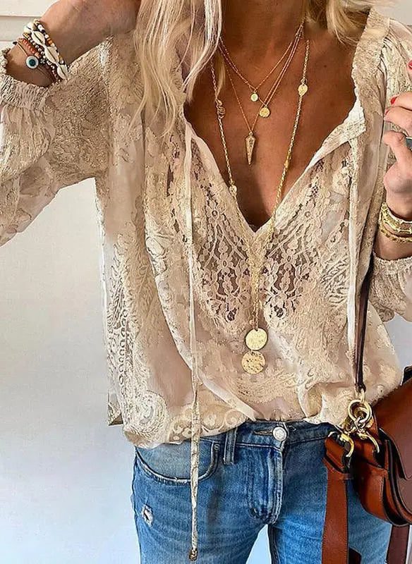 V-Neck Lace Long Sleeve Top for Women - View 5