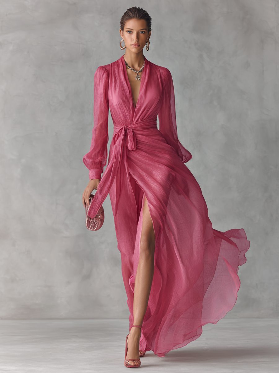 V-Neck Long Chiffon Maxi Dress for Women - View 2