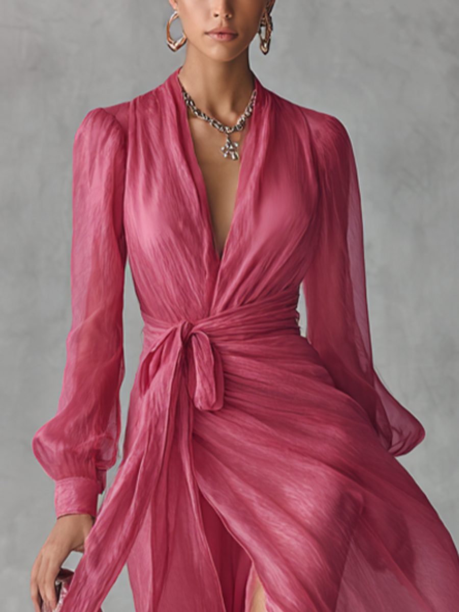 V-Neck Long Chiffon Maxi Dress for Women - View 3