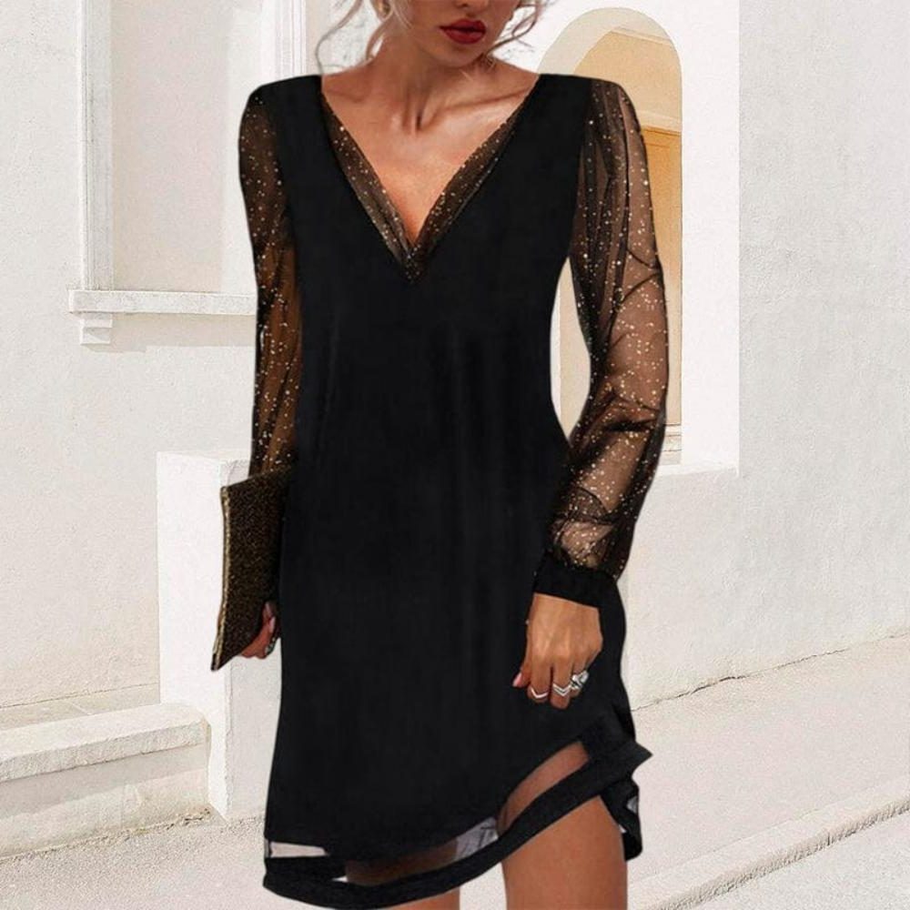 V-Neck Long Sleeve Lace Dress for Women - Black