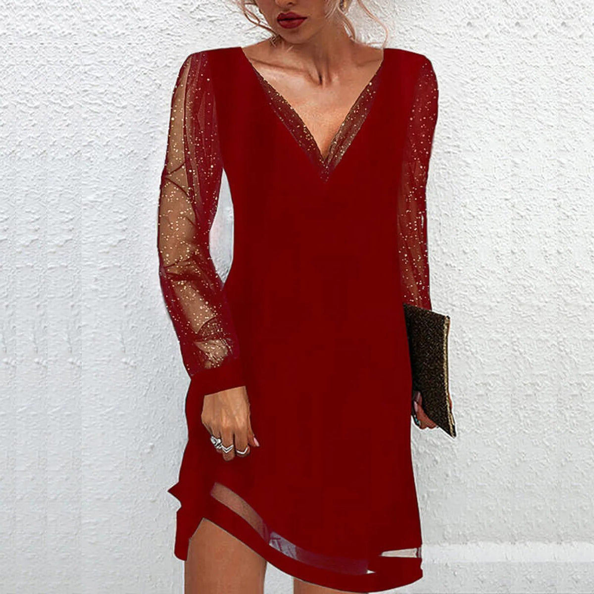 V-Neck Long Sleeve Lace Dress for Women - Red