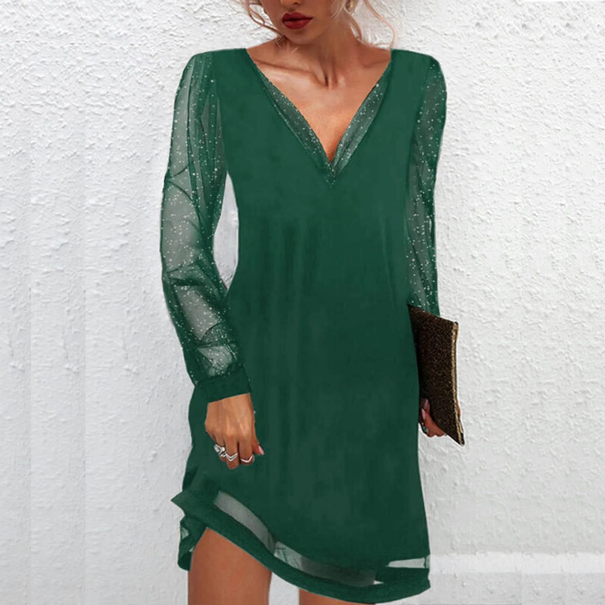 V-Neck Long Sleeve Lace Dress for Women - Green