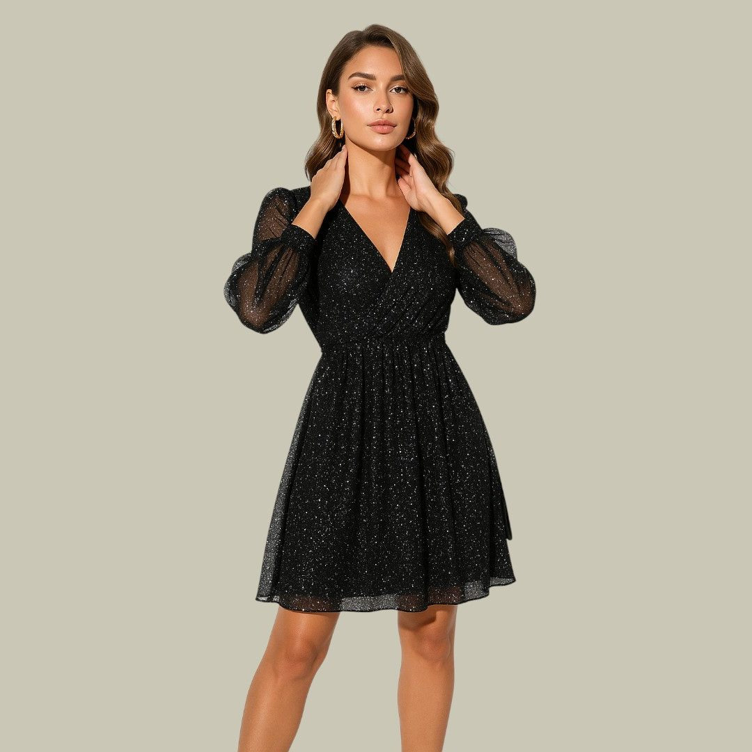 V-Neck Long Sleeve Sequin Mini Dress for Women - Black