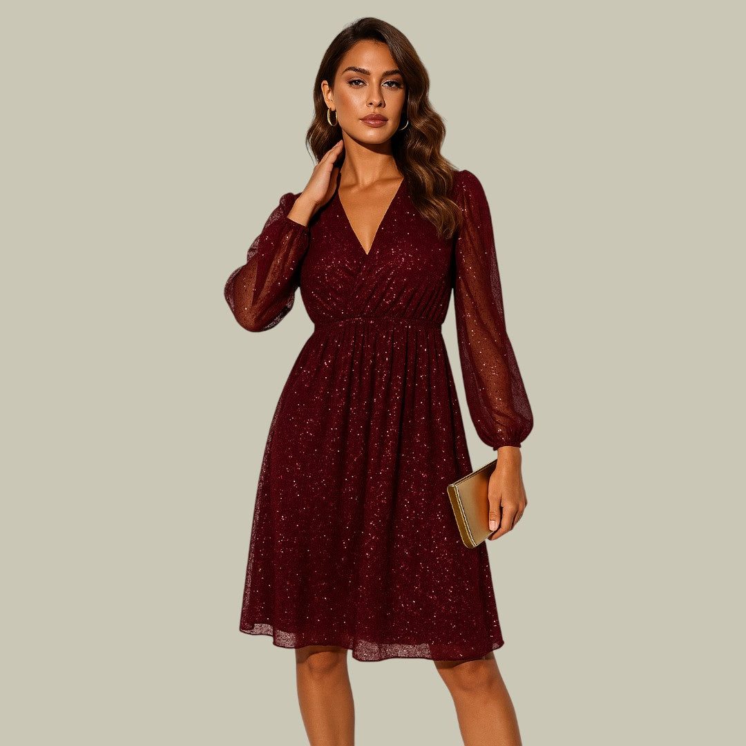 V-Neck Long Sleeve Sequin Mini Dress for Women - Red
