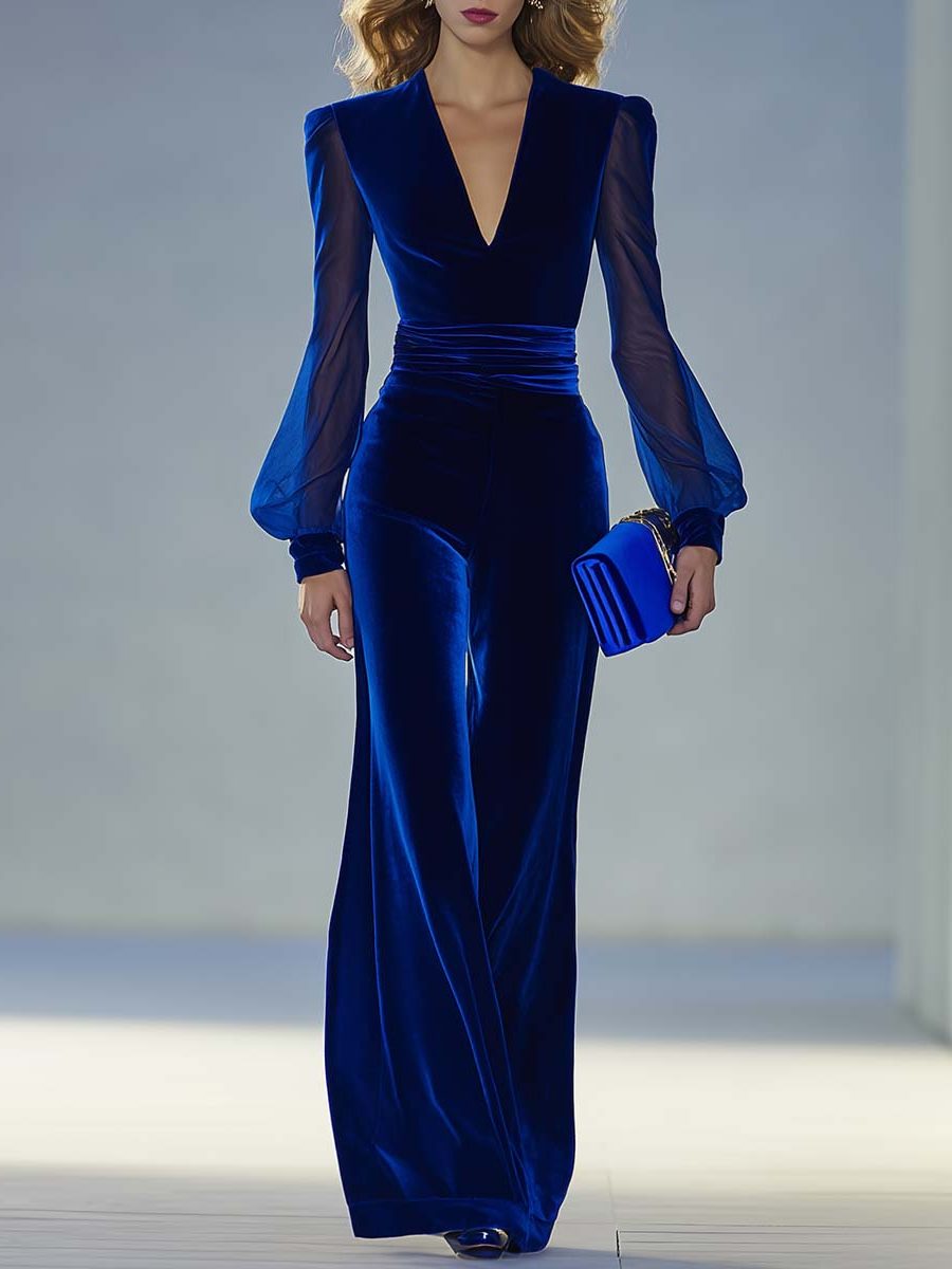 V-Neck Long Sleeve Velvet Maxi Jumpsuit for Women