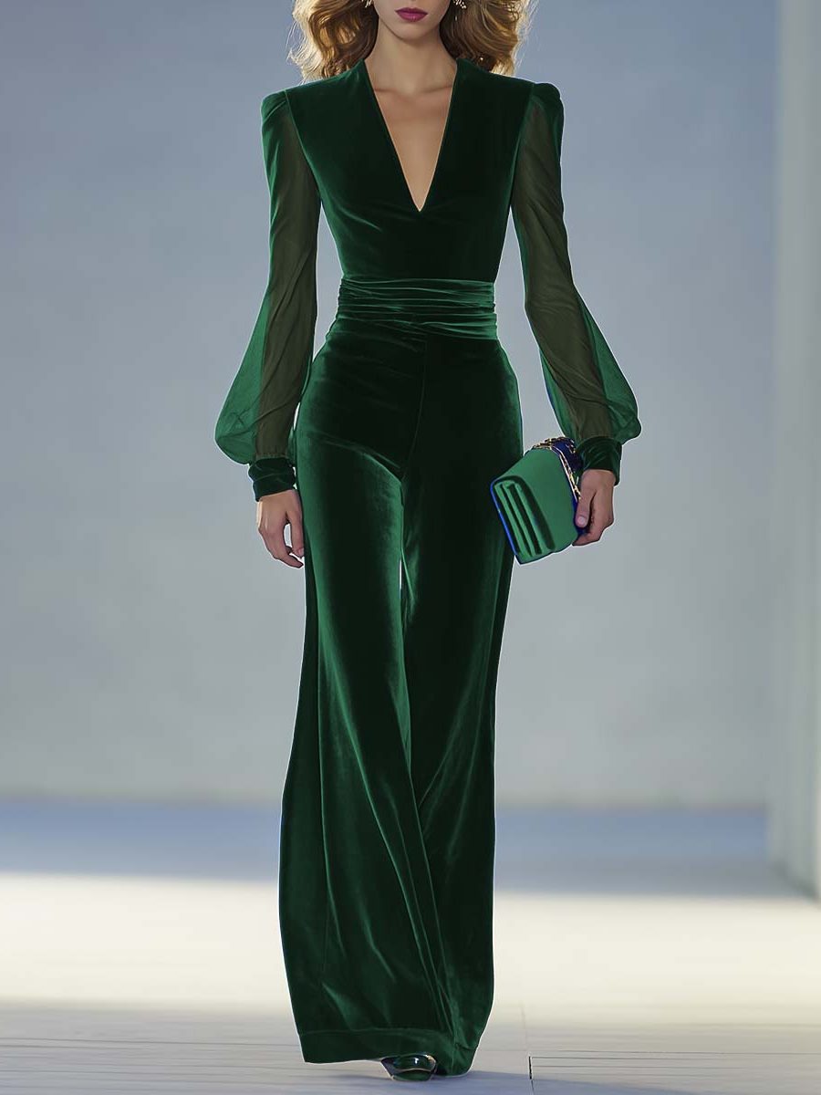 V-Neck Long Sleeve Velvet Maxi Jumpsuit for Women - Dark Green
