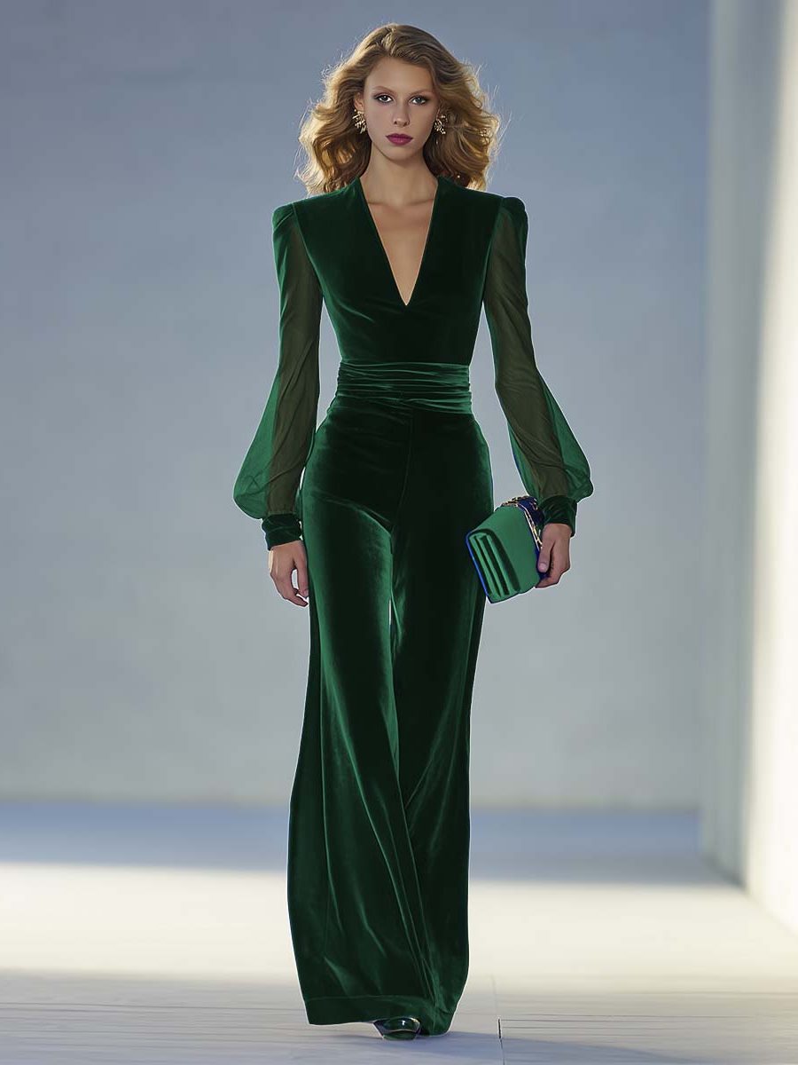 V-Neck Long Sleeve Velvet Maxi Jumpsuit for Women - View 3