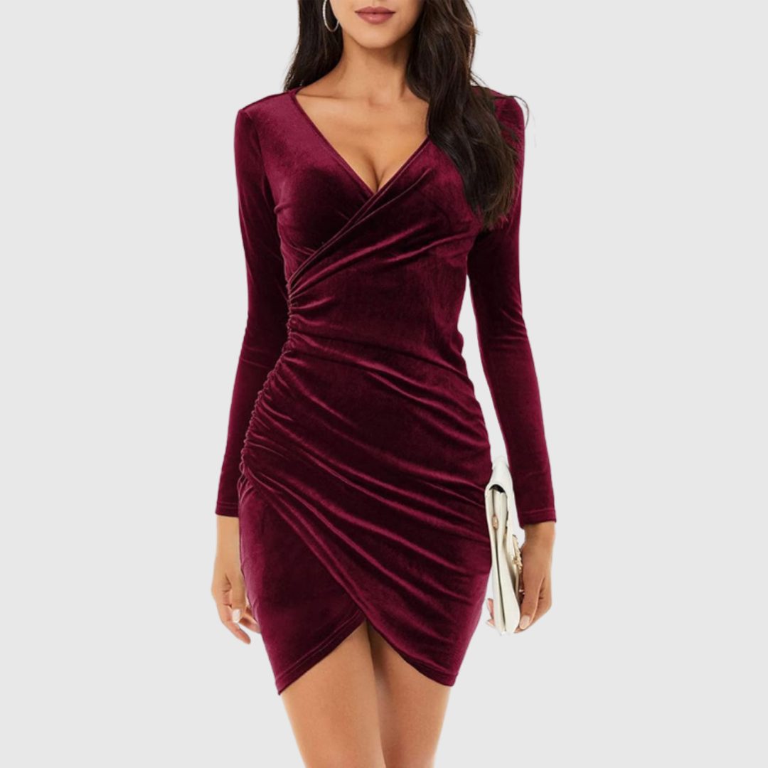 V-Neck Long Sleeve Velvet Mini Dress for Women