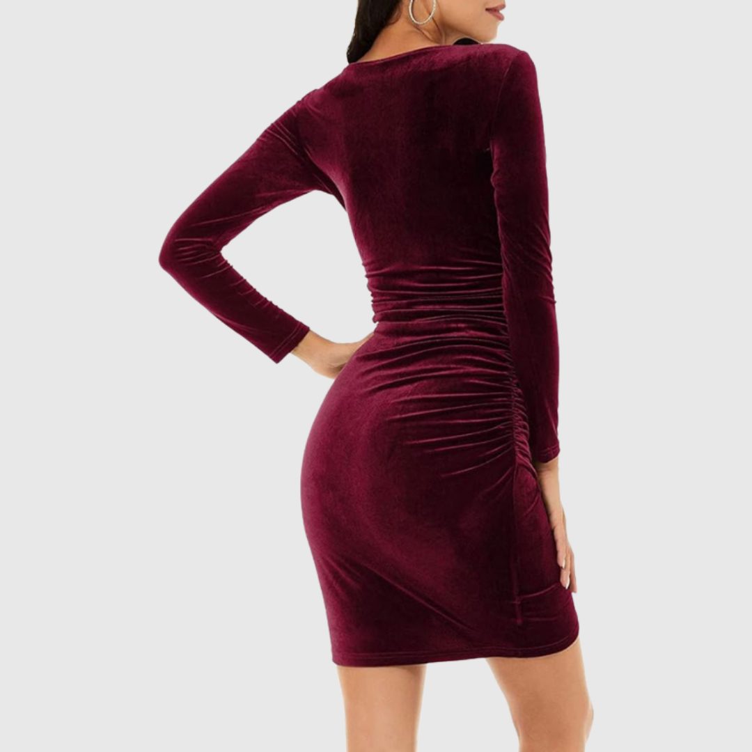 V-Neck Long Sleeve Velvet Mini Dress for Women - View 2