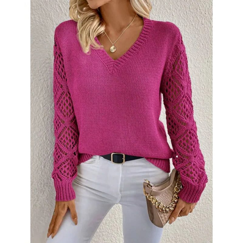 V-Neck Openwork Knit Sweater for Women