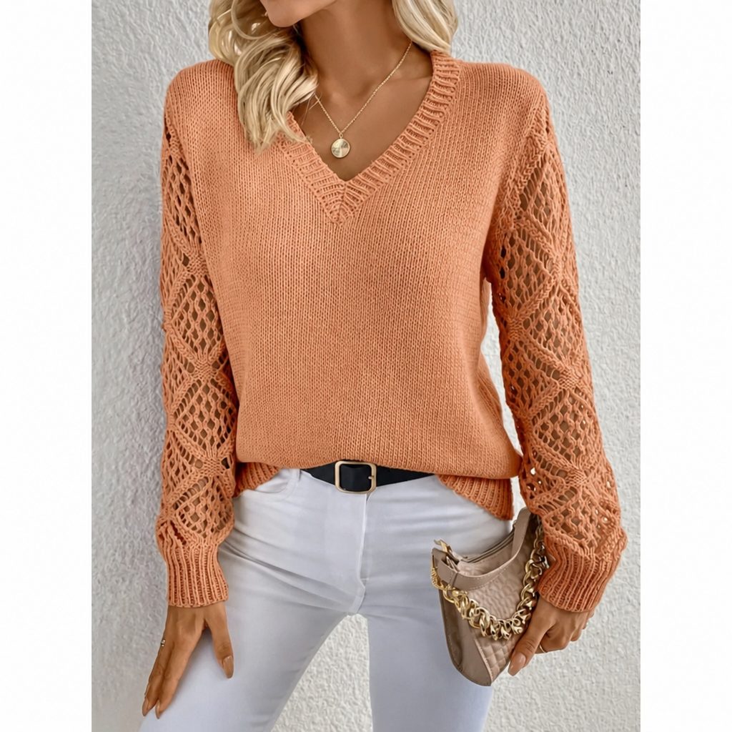 V-Neck Openwork Knit Sweater for Women - Orange