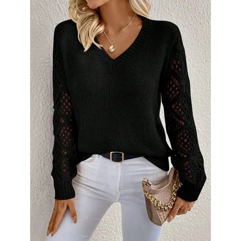 V-Neck Openwork Knit Sweater for Women - Black