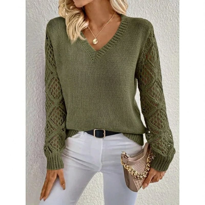 V-Neck Openwork Knit Sweater for Women - Army Green