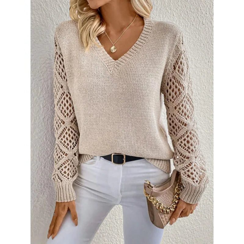V-Neck Openwork Knit Sweater for Women - Apricot