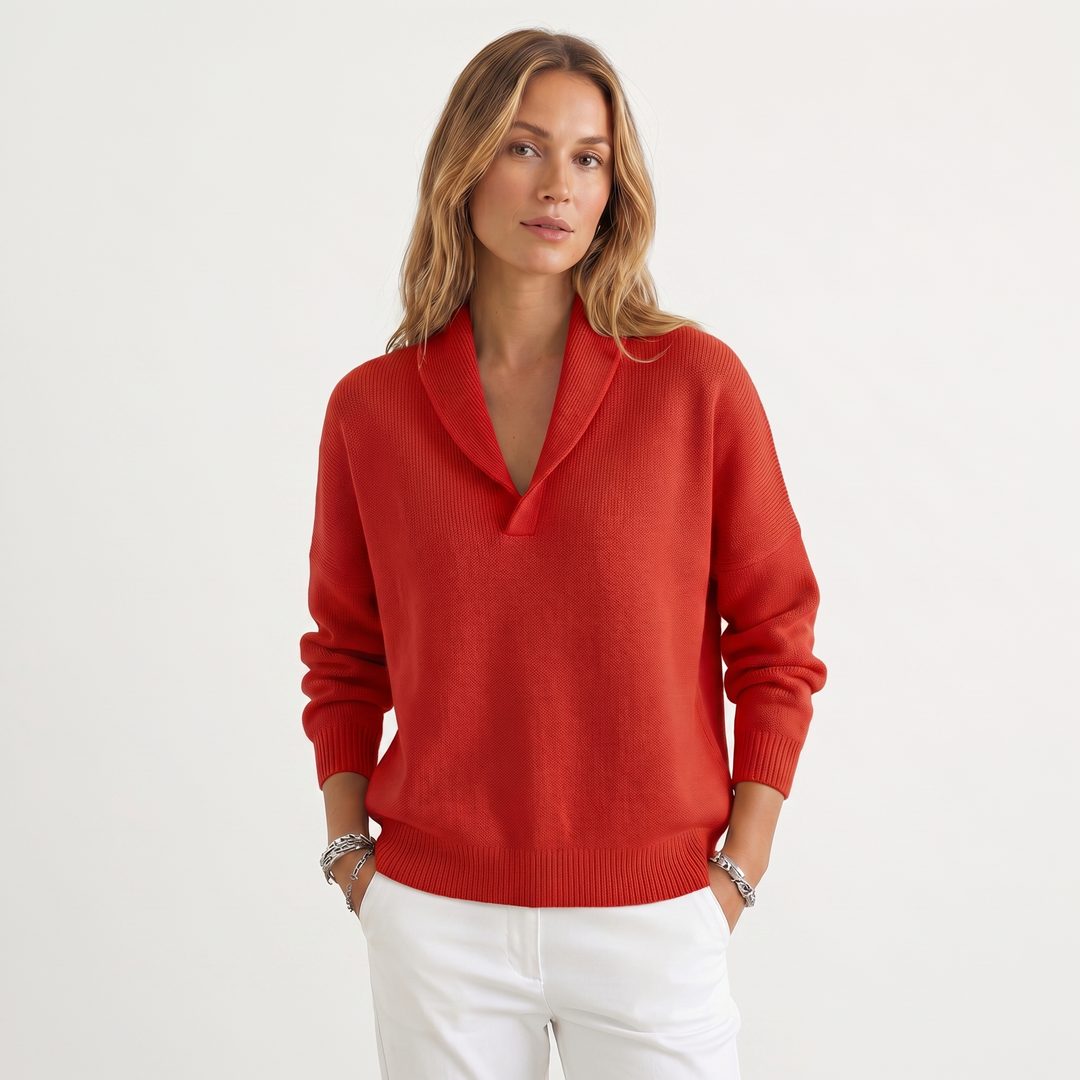V-Neck Relaxed Knit Pullover for Women - Red